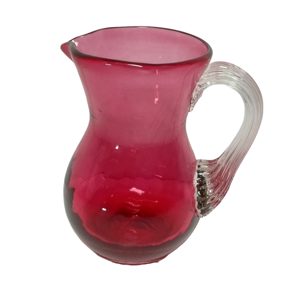 Pilgrim Cranberry Glass Small Pitcher Creamer 4" Reed Handle Vintage